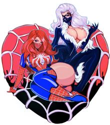 Rule 34 | 2girls, artist request, ass, black cat (marvel), blue eyes, breasts, claws, cleavage cutout, clothing cutout, cosplay, face mask, felicia hardy, huge breasts, leather clothes, marvel, mary jane watson, mask, multiple girls, red hair, silk, spider-man, spider-man (cosplay), spider-man (series), spider web, white hair
