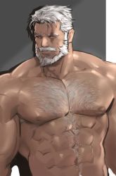 Rule 34 | 1boy, abs, bara, beard, blind, blue eyes, chest hair, dopey (dopq), facial hair, hair slicked back, highres, large pectorals, looking to the side, male focus, mature male, muscular, muscular male, mustache, navel, navel hair, nipples, nude, old, old man, overwatch, overwatch 1, pectorals, reinhardt (overwatch), scar, scar across eye, scar on face, short hair, solo, stomach, thick eyebrows, upper body, white hair, wrinkled skin