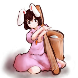 Rule 34 | 1girl, animal ears, bad id, bad pixiv id, barefoot, blush, brown eyes, brown hair, carrot, dress, female focus, food, goichi, hammer, inaba tewi, jewelry, looking at viewer, mochi, mortar (bowl), pendant, pestle, pink dress, rabbit ears, short hair, simple background, sitting, smile, solo, touhou, usagi kine, wagashi, white background