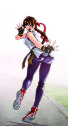 Rule 34 | 1girl, ass, ass focus, braid, braided ponytail, breasts, brown hair, highres, looking at viewer, looking back, one eye closed, open mouth, ryuuko no ken, small breasts, snk, solo, spandex, spanking, the king of fighters, yuri sakazaki