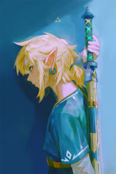 Rule 34 | 1boy, bad id, bad twitter id, blonde hair, blue eyes, blue shirt, earrings, from side, hand up, highres, jewelry, layered sleeves, link, long sleeves, master sword, nintendo, pofu31, pointy ears, ponytail, profile, shirt, short over long sleeves, short sleeves, sword, the legend of zelda, the legend of zelda: breath of the wild, triforce print, weapon, weapon on back