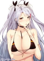 Rule 34 | 1girl, antenna hair, azur lane, bare arms, bare shoulders, bikini, black bikini, black ribbon, blush, breast hold, breasts, cleavage, covered erect nipples, cross, cross earrings, earrings, finger to mouth, flag print, food between breasts, german flag bikini, gin&#039;ichi (akacia), hair ribbon, jewelry, large breasts, long hair, looking at viewer, mole, mole on breast, multicolored hair, nose blush, parted lips, prinz eugen (azur lane), prinz eugen (unfading smile) (azur lane), purple eyes, red eyes, red hair, ribbon, silver hair, simple background, skindentation, smile, solo, streaked hair, swimsuit, twitter username, two side up, underboob, underwear, very long hair, white background