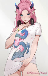 Rule 34 | 1girl, blue eyes, bottomless, cleft of venus, clothes lift, headphones, headphones around neck, highres, holy meh, horns, lifted by self, long hair, looking at viewer, original, pink hair, pointy ears, print shirt, pussy, shirt, shirt lift, solo, t-shirt, uncensored, watermark, web address, white background