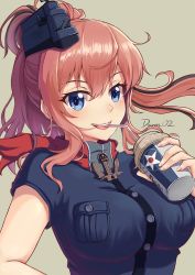 Rule 34 | 10s, 1girl, :d, anchor, artist name, black hat, black shirt, blue eyes, blush, breasts, brown background, commentary request, cup, dawn02, drinking straw, hat, highres, holding, holding cup, kantai collection, large breasts, looking at viewer, open mouth, ponytail, red hair, round teeth, saratoga (kancolle), shirt, short sleeves, sidelocks, simple background, smile, solo, teeth, tongue, upper body, yellow background
