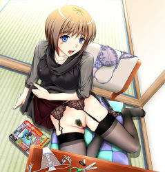 Rule 34 | 1girl, blue eyes, brown hair, clothes lift, female pubic hair, garter belt, hiyoko daiou, magazine (object), mole, no panties, open mouth, pubic hair, pussy, see-through, sitting, skirt, skirt lift, solo, thighhighs, uncensored