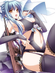 Rule 34 | 1girl, assault rifle, black thighhighs, blue hair, breasts, bridal gauntlets, bullpup, cleavage, d:, earrings, garter belt, gun, highres, jewelry, lace, lace-trimmed legwear, lace trim, large breasts, long hair, monety, open mouth, orange eyes, original, rifle, solo, steyr aug, thighhighs, veil, weapon