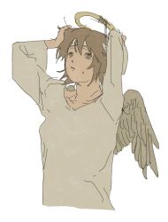 Rule 34 | 1girl, angel wings, arms up, brown eyes, brown hair, brown shirt, commentary request, cropped torso, fake halo, furrowed brow, haibane renmei, halo, hands on own head, headband, long sleeves, looking up, nervous, parted lips, raised eyebrows, rakka (haibane), shirt, simple background, solo, sweatdrop, tareme, tunamayo aku, white background, white headband, wings