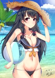Rule 34 | 10s, 1girl, adapted costume, ball, bare arms, beachball, bikini, bikini under clothes, black bikini, black hair, breasts, cleavage, cloud, cloudy sky, collarbone, crop top, dated, day, duuwa (doluwa), hand on headwear, hat, holding, holding ball, holding hat, isokaze (kancolle), kantai collection, light particles, long hair, looking at viewer, medium breasts, navel, ocean, outdoors, palm tree, red eyes, sailor bikini, sailor collar, school uniform, serafuku, signature, sky, solo, stomach, straight hair, straw hat, sunlight, swimsuit, tree, upper body, water
