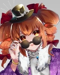 Rule 34 | + +, 1girl, :p, adjusting eyewear, black hat, bow, bracelet, brown eyes, brown hair, coat, commentary request, drill hair, fur collar, gradient background, grey background, hair bow, hair ribbon, hand up, hat, hat bow, head tilt, highres, jewelry, looking at viewer, mini hat, mini top hat, multicolored eyes, nail polish, necklace, pearl necklace, pendant, pink nails, purple coat, red bow, red ribbon, ribbon, ring, round eyewear, short hair, smile, solo, sparkle, sunglasses, suzune hapinesu, tongue, tongue out, top hat, touhou, twin drills, unmoving pattern, white bow, yellow eyes, yellow nails, yorigami jo&#039;on