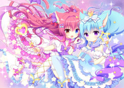 Rule 34 | 2girls, :d, animal ears, asymmetrical legwear, bare shoulders, bent over, blue eyes, blue hair, blue thighhighs, blush, boots, bow, breasts, cat ears, cat tail, choker, commentary request, crown, detached collar, fang, flat chest, food-themed hair ornament, frilled legwear, frilled sleeves, frills, gradient hair, hair ornament, heart, heart hands, heart hands duo, heterochromia, high-waist skirt, kamishiro piyo, knees together feet apart, long hair, looking at viewer, magical girl, medium breasts, mini crown, mismatched legwear, multicolored hair, multiple girls, open mouth, original, outstretched arm, parted lips, pink bow, polka dot, polka dot legwear, puffy short sleeves, puffy sleeves, purple eyes, purple hair, purple legwear, red hair, sailor collar, short sleeves, skirt, smile, sparkle, star (symbol), strawberry hair ornament, tail, thighhighs, two side up, very long hair, wand, white footwear, white legwear, wrist cuffs, yellow eyes