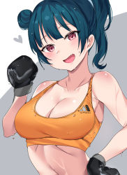 Rule 34 | 10s, 1girl, arm up, bare shoulders, blue hair, blush, boxing gloves, breasts, cleavage, hair bun, hand on own hip, heart, highres, long hair, love live!, love live! sunshine!!, medium breasts, navel, open mouth, orange sports bra, ponytail, purple eyes, side bun, simple background, single hair bun, single side bun, smile, solo, sports bra, sweat, tem10, tooth, tsushima yoshiko, two-tone background, upper body