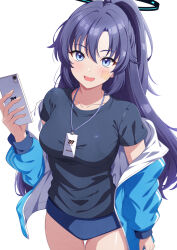 Rule 34 | 1girl, black halo, black shirt, blue archive, blue buruma, blue eyes, blue hair, blue jacket, blush, breasts, buruma, cellphone, commentary request, gym shirt, hair between eyes, halo, holding, holding phone, jacket, lanyard, long hair, looking at viewer, medium breasts, official alternate costume, open mouth, phone, rin ateria, shirt, short sleeves, simple background, smile, solo, star sticker, sticker on face, white background, yuuka (blue archive), yuuka (track) (blue archive)