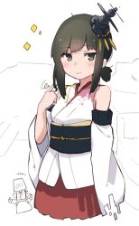 Rule 34 | 2girls, absurdres, blush, brown hair, chibi, chibi inset, cosplay, cropped legs, detached sleeves, fubuki (kancolle), green eyes, hair ornament, twirling hair, hand up, headgear, highres, japanese clothes, kantai collection, looking at viewer, low ponytail, ma rukan, medium hair, multiple girls, nontraditional miko, obi, pleated skirt, red skirt, rigging, sash, shirt, sidelocks, signature, simple background, skirt, solo focus, upper body, white background, white shirt, wide sleeves, yamashiro (kancolle), yamashiro (kancolle) (cosplay)