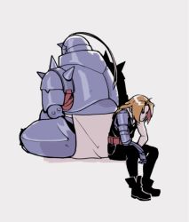Rule 34 | 2boys, alphonse elric, apron, armor, automail, back-to-back, belt, black shirt, blonde hair, boots, brothers, commentary, edward elric, expressionless, full armor, full body, fullmetal alchemist, grey background, image sample, long hair, male focus, multiple boys, pants, shirt, siblings, simple background, sitting, sleeveless, tumblr sample