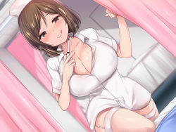 Rule 34 | 1girl, :q, bed sheet, blush, breasts, brown eyes, brown hair, cleavage, collarbone, curtains, deyuyama, dutch angle, fishnet thighhighs, fishnets, hat, highres, indoors, infirmary, large breasts, legs folded, looking at viewer, nurse, nurse cap, original, short hair, smile, solo, syringe, thighhighs, tongue, tongue out