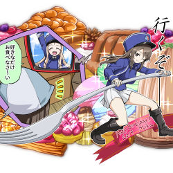 Rule 34 | 2girls, alternate costume, alternate headwear, arm up, bc freedom (emblem), bc freedom military uniform, black footwear, blonde hair, blue headwear, blue jacket, blue vest, boots, brown eyes, brown hair, cake, character name, commentary, cupcake, dated, dessert, dress shirt, drill hair, emblem, english text, closed eyes, food, fork, girls und panzer, happy birthday, hat, high collar, holding, holding fork, inset, jacket, kepi, knee boots, long sleeves, looking at viewer, macaron, marie (girls und panzer), mika (girls und panzer), military, military hat, military uniform, miniskirt, multiple girls, notice lines, one eye closed, open mouth, oversized object, pleated skirt, rents (akirents), shirt, skirt, smile, sparkle, standing, translated, uniform, vest, white shirt, white skirt