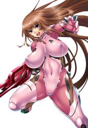 Rule 34 | &gt;:d, 00s, 1girl, :d, aoi nagisa (metalder), armpits, blue eyes, blunt bangs, bodysuit, boots, breasts, breasts apart, brown hair, covered collarbone, covered erect nipples, covered navel, curvy, elbow gloves, female focus, finger on trigger, fishnets, floating hair, foreshortening, gloves, gun, happy, highres, hime cut, hip focus, holding, holding gun, holding weapon, impossible bodysuit, impossible clothes, koukawa asuka, large breasts, legs apart, lilith-soft, long hair, looking at viewer, ninja, no bra, official art, open mouth, outstretched arm, pink footwear, pink thighhighs, puffy nipples, rifle, sagging breasts, shiny clothes, sidelocks, simple background, skin tight, smile, solo, straight hair, taimanin (series), taimanin asagi 3, taimanin asagi kessen arena, thigh boots, thighhighs, thighs, turtleneck, v-shaped eyebrows, very long hair, weapon, white background