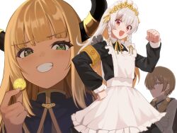 Rule 34 | 1boy, 2girls, :d, armband, aroha j, black horns, black shirt, blonde hair, braid, brown hair, clenched hand, coin, colored inner hair, green eyes, hair over one eye, hand on own hip, highres, holding, holding coin, horns, long hair, maid, multicolored hair, multiple girls, open mouth, pixiv fantasia, pixiv fantasia scepter of zeraldia, red eyes, shirt, smile, twin braids, very long hair, white background, white hair, white shirt, yellow eyes