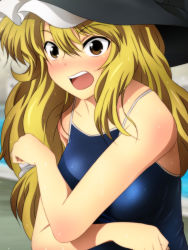 Rule 34 | 1girl, blonde hair, blue one-piece swimsuit, blush, breasts, commentary request, covering privates, covering breasts, embarrassed, hat, kirisame marisa, long hair, medium breasts, nervous, nose blush, one-piece swimsuit, open mouth, school swimsuit, swimsuit, teeth, touhou, upper teeth only, very long hair, witch hat, yadokari genpachirou, yellow eyes