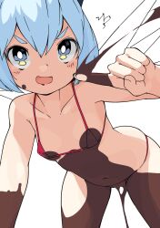 Rule 34 | 1girl, :d, bikini, blue eyes, blue hair, chocolate, chocolate on body, cirno, commentary request, flat chest, food on body, huxiao (mistlakefront), index finger raised, looking at viewer, micro bikini, navel, open mouth, red bikini, short hair, signature, simple background, smile, solo, swimsuit, touhou, white background