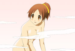 Rule 34 | 00s, 1girl, bakanarienvogel, blush, breasts, brown eyes, brown hair, convenient censoring, hirasawa ui, k-on!, leaning forward, medium breasts, navel, nude, open mouth, ponytail, short hair, solo, standing, steam, steam censor, sweat