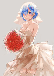 Rule 34 | 10s, 1girl, bare shoulders, blue eyes, blue hair, blunt bangs, bouquet, breasts, bridal veil, cleavage, closed mouth, collarbone, cowboy shot, dress, elbow gloves, flower, gloves, grey background, hair ornament, hair over one eye, highres, holding, holding bouquet, large breasts, looking at viewer, re:zero kara hajimeru isekai seikatsu, red flower, red rose, rem (re:zero), rose, short hair, simple background, sketch, smile, solo, tareme, thighhighs, veil, wedding dress, wenhe, white dress, white gloves, white thighhighs, x hair ornament
