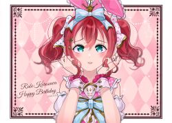 Rule 34 | 1girl, aqua eyes, birthday, bow, character name, commentary request, copyright name, dated, english text, hair between eyes, hair bow, hair ribbon, happy birthday, highres, kurosawa ruby, looking at viewer, love live!, love live! school idol festival, love live! sunshine!!, maple (maplesiroop), pink background, red hair, ribbon, solo, twintails, upper body, wrist cuffs