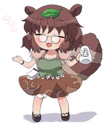 Rule 34 | 1girl, animal ears, blush, bottle, breasts, brown hair, brown skirt, cleavage, closed eyes, collarbone, full body, futatsuiwa mamizou, glasses, highres, holding, holding bottle, leaf, leaf on head, medium breasts, okobo, open mouth, raccoon ears, raccoon tail, rokugou daisuke, round eyewear, sandals, short hair, short sleeves, simple background, skirt, smile, solo, standing, tail, touhou, white background