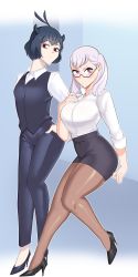 Rule 34 | 2girls, black clover, black hair, black skirt, blouse, blush, breasts, business suit, business woman, curvy, denim, dress shirt, flat chest, formal, glasses, hand on chest, heels, highres, horn, jeans, large breasts, leggings, linkxs, long hair, long legs, looking at viewer, miniskirt, multiple girls, noelle silva, office, office lady, pants, pantyhose, pencil skirt, purple eyes, red eyes, secre swallowtail, shirt, short hair, silver hair, simple background, skirt, skirt suit, small breasts, small waist, suit, thick thighs, thighs, tight skirt, twintails, white shirt, wide hips