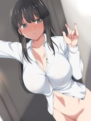 Rule 34 | 1girl, absurdres, arm up, averting eyes, black hair, blush, bottomless, breasts, censored, cleavage, closed mouth, collarbone, collared shirt, commentary request, curtains, grey eyes, hand gesture, hand up, highres, indoors, karakuri musha, large breasts, long hair, long sleeves, mole, mole on thigh, mosaic censoring, naked shirt, navel, original, shirt, solo, sweat, white shirt