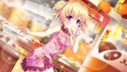 Rule 34 | 1girl, ass, baozi, bare arms, bare shoulders, blonde hair, blurry, blurry foreground, blush, breasts, china dress, chinese clothes, dot nose, double bun, dress, dutch angle, earrings, eating, film grain, floral print, food, game cg, hair bun, hasegawa mii, holding, holding food, izumi tsubasu, jewelry, lantern, lens flare, looking at viewer, market stall, non-web source, official art, panda, paper lantern, pink dress, print dress, purple eyes, re:stage!, short hair, small breasts, solo, sparkle, sparkling eyes
