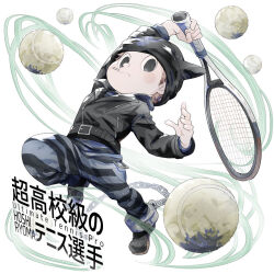 Rule 34 | 1boy, arm up, ball, beanie, belt, belt buckle, black belt, black eyes, black footwear, black hat, black jacket, black pants, black shirt, black sleeves, blue pants, blue shirt, blush stickers, brown hair, buckle, candy stick, character name, closed mouth, commentary request, cuffs, danganronpa (series), danganronpa v3: killing harmony, expressionless, fake horns, food in mouth, full body, hat, holding tennis racket, horned headwear, horns, hoshi ryoma, jacket, layered sleeves, leather, leather jacket, long sleeves, looking at viewer, male focus, palms, pants, shackles, shirt, shoes, short hair, single ankle cuff, solo, striped clothes, striped pants, studded belt, tennis ball, two-tone pants, two-tone shirt, u u ki u u, wavy mouth, white background, wind