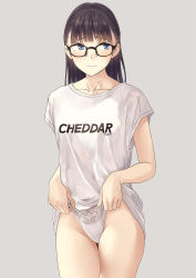 Rule 34 | 1girl, black-framed eyewear, black hair, blue eyes, breasts, closed mouth, clothes writing, collarbone, commentary request, frontal wedgie, glasses, grey background, groin, highres, hiwatari rin, lifting own clothes, long hair, no pants, original, panties, panty lift, shirt, short sleeves, simple background, small breasts, solo, underwear, wedgie, white panties, white shirt