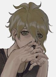 Rule 34 | 1boy, amami rantaro, commentary request, covered mouth, covering own mouth, danganronpa (series), danganronpa v3: killing harmony, ear piercing, earrings, green eyes, green hair, hands up, highres, jewelry, looking at viewer, male focus, necklace, piercing, portrait, ring, sema (vivaviva 02), shirt, short hair, simple background, solo, striped clothes, striped shirt