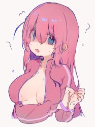 Rule 34 | 1girl, ?, bocchi the rock!, bound, bound wrists, breasts, breasts apart, collarbone, cropped torso, cube hair ornament, gotoh hitori, hair ornament, highres, jacket, large breasts, looking at viewer, open clothes, open jacket, otintin, pink hair, pink jacket, simple background, solo, straight hair, sweatdrop, tears, track jacket, white background