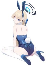 Rule 34 | 1girl, animal ears, ass, back bow, bare shoulders, blonde hair, blue archive, blue eyes, blue footwear, blue hair, blue leotard, bow, closed mouth, commentary, detached collar, earpiece, earrings, fake animal ears, fake tail, full body, hair bow, halo, highres, jewelry, legs, leotard, long hair, looking at viewer, looking back, multicolored hair, nyus0721, official alternate costume, playboy bunny, rabbit ears, rabbit tail, sidelocks, simple background, sitting, solo, streaked hair, stud earrings, tail, thighhighs, toki (blue archive), toki (bunny) (blue archive), wariza, white background, white thighhighs