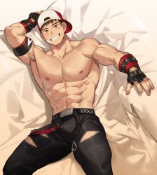 Rule 34 | 1boy, abs, artist request, backwards hat, bandaid, bandaid on cheek, bandaid on face, bara, baseball cap, belt, black pants, bulge, check artist, clothing cutout, commission, denim, grin, hao (haozz), hat, highres, jeans, large pectorals, looking at viewer, lying, male focus, muscular, muscular male, nipples, on back, on bed, original, pants, pectorals, second-party source, short hair, sideburns, smile, solo, stomach, thick thighs, thigh cutout, thighs, topless male