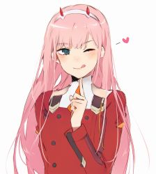 Rule 34 | 10s, 1girl, :p, blue eyes, blunt bangs, blush, darling in the franxx, hairband, heart, highres, horns, index finger raised, long hair, long sleeves, military, military uniform, one eye closed, pink hair, ruuto-kun, simple background, smile, solo, straight hair, tongue, tongue out, uniform, upper body, white hairband, yellow neckwear, zero two (darling in the franxx)