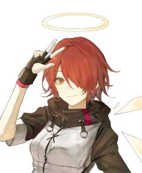 Rule 34 | 1girl, arknights, black gloves, breasts, closed mouth, detached wings, energy wings, exusiai (arknights), fingerless gloves, gloves, hair over one eye, halo, hand up, highres, jacket, looking at viewer, one eye covered, orange eyes, red hair, short hair, short sleeves, simple background, small breasts, smile, solo, tkarn77, upper body, w, white background, white jacket, wings