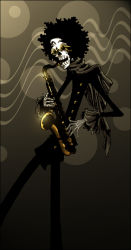 Rule 34 | 1boy, afro, black hair, brook (one piece), instrument, male focus, music, one piece, saxophone, scarf, skeleton, skull, solo, standing, sunglasses, syb