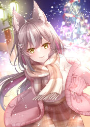 Rule 34 | 1girl, animal ear fluff, animal ears, artist name, blurry, blurry background, breasts, brown hair, brown scarf, brown skirt, chisaka airi, christmas tree, coat, colored inner hair, commentary request, commission, flower, hair flower, hair ornament, hairclip, highres, lamppost, large breasts, light particles, long hair, long sleeves, looking at viewer, mashiropuni, multicolored hair, nail polish, outdoors, phase connect, pink coat, pink hair, pink nails, plaid, plaid skirt, scarf, skeb commission, skirt, sleeves past wrists, smile, snowing, solo, streaked hair, sweater, virtual youtuber, watermark, white hair, white sweater, winter, wolf ears, wolf girl, yellow eyes