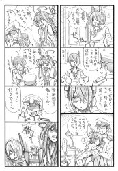 Rule 34 | ..., 10s, 1boy, 2girls, 4koma, admiral (kancolle), bbb (friskuser), comic, desk, desk lamp, detached sleeves, eyepatch, gendou pose, gloves, greyscale, hairband, hands clasped, hat, headgear, highres, japanese clothes, kantai collection, kongou (kancolle), lamp, monochrome, multiple girls, necktie, nontraditional miko, own hands clasped, own hands together, peaked cap, school uniform, simple background, spoken ellipsis, tenryuu (kancolle), thighhighs, translation request