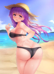 Rule 34 | 1girl, absurdres, ass, bare shoulders, beach, bikini, blush, breasts, butt crack, embarrassed, from behind, hat, highres, large breasts, long hair, looking at viewer, naito kirara, open mouth, original, panties, purple hair, red eyes, shiny skin, sideboob, solo, straw hat, swimsuit, underwear, wavy mouth