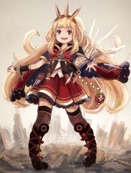 Rule 34 | &gt;:d, 10s, 1girl, :d, bangle, black thighhighs, blonde hair, blunt bangs, blush, book, bracelet, cagliostro (granblue fantasy), capelet, full body, gradient background, granblue fantasy, hairband, highres, jewelry, long hair, looking at viewer, open book, open mouth, pigeon-toed, purple eyes, red skirt, skirt, smile, solo, spikes, standing, star (symbol), takatsurt, thighhighs, v-shaped eyebrows, vial, zettai ryouiki