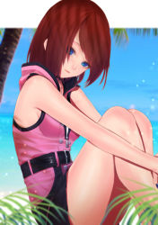 Rule 34 | 1girl, blue eyes, blue sky, blurry, blurry background, breasts, brown hair, closed mouth, day, hood, hood down, kairi (kingdom hearts), kingdom hearts, kingdom hearts iii, looking at viewer, medium hair, outdoors, palm tree, sideboob, sky, small breasts, solo, swept bangs, thighs, tree, zeri (zeristudio)