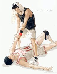 Rule 34 | 2boys, absurdres, basketball uniform, black eyes, black hair, black socks, black tank top, character name, clenched teeth, commentary request, cross-laced footwear, feet out of frame, full body, half-closed eyes, highres, holding another&#039;s arm, kami off record, knee pads, knee up, looking at another, lying, male focus, messy hair, mitsui hisashi, miyagi ryouta, multiple boys, muscular, muscular male, on back, outstretched arm, parted lips, shadow, shoes, short hair, shorts, simple background, single knee pad, slam dunk (series), sneakers, socks, sportswear, tank top, teeth, thick eyebrows, towel, towel on head, watermark, weibo logo, weibo watermark, white background, white footwear, white shorts, white socks, white tank top, yaoi