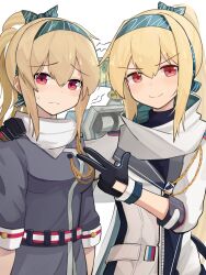 Rule 34 | &gt;:), 2girls, absurdres, black gloves, blonde hair, blue bow, blue hairband, bow, closed mouth, commentary, dual persona, gamryous, girls&#039; frontline, gloves, grey jacket, hair between eyes, hair bow, hairband, hand on another&#039;s shoulder, highres, jacket, long hair, multiple girls, ponytail, red eyes, scarf, short sleeves, simple background, smile, sv-98 (girls&#039; frontline), sv-98 (mod3) (girls&#039; frontline), v-shaped eyebrows, very long hair, white background, white jacket, white scarf