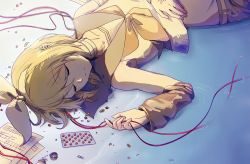 Rule 34 | 1girl,  ul, bad id, bad pixiv id, bandages, bandaged arm, bandaged hand, bandaged neck, bandages, bare shoulders, blonde hair, bow, closed mouth, crop top, detached sleeves, drugs, closed eyes, hair bow, hair ornament, hairclip, hand on own stomach, headphones, headset, kagamine rin, leg warmers, lying, midriff, on back, paper, papers, pill, sailor collar, shirt, short hair, shorts, sketch, sleeping, sleeveless, sleeveless shirt, solo, vocaloid, wire