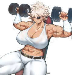 Rule 34 | 1girl, abs, armpits, artist name, bandaged arm, bandages, batako (batakoart), belt, blonde hair, blush, breasts, breathing, brown belt, chair, cleavage, covered erect nipples, cowboy shot, dark-skinned female, dark skin, debonair diamond, dumbbell, exercising, eyepatch, hair between eyes, highres, huge breasts, looking down, mature female, motion lines, muscular, muscular female, navel, nose blush, pants, red eyes, red hood (kawaguchi), scar, scar on arm, scar on stomach, serious, short hair, simple background, sitting, solo, spiked hair, sports bra, steaming body, taut clothes, thick neck, thick thighs, thigh gap, thighs, weightlifting, white background, white pants