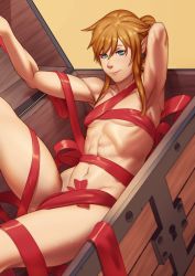 Rule 34 | 1boy, abs, androgynous, blonde hair, blue eyes, highres, john doe, link, looking at viewer, male focus, muscular, naked ribbon, nintendo, nude, pointy ears, ribbon, smile, solo, sweat, the legend of zelda, toned, treasure chest